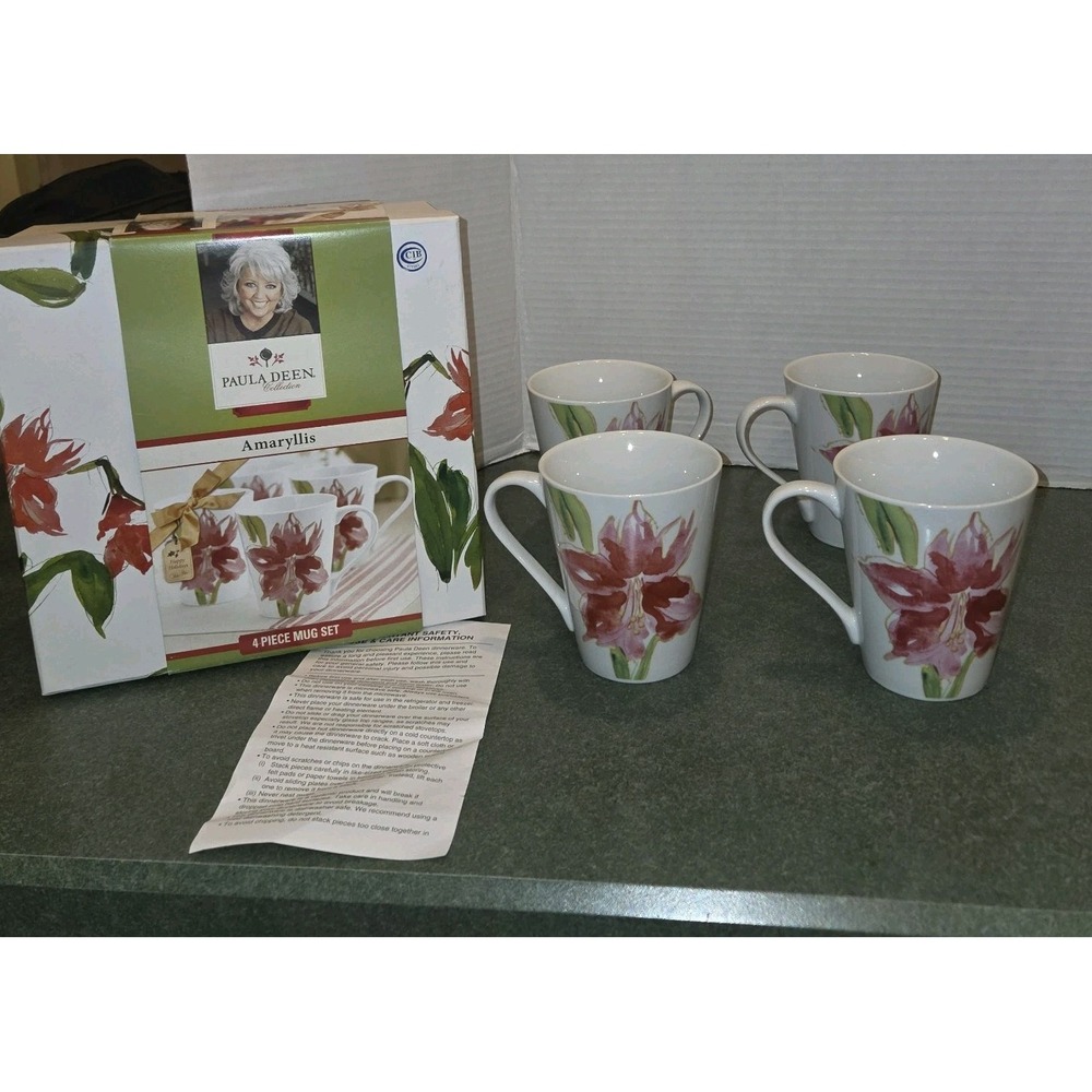 Paula Deen Set Of 4 Mugs Floral Amaryllis NOS Box 11 Oz